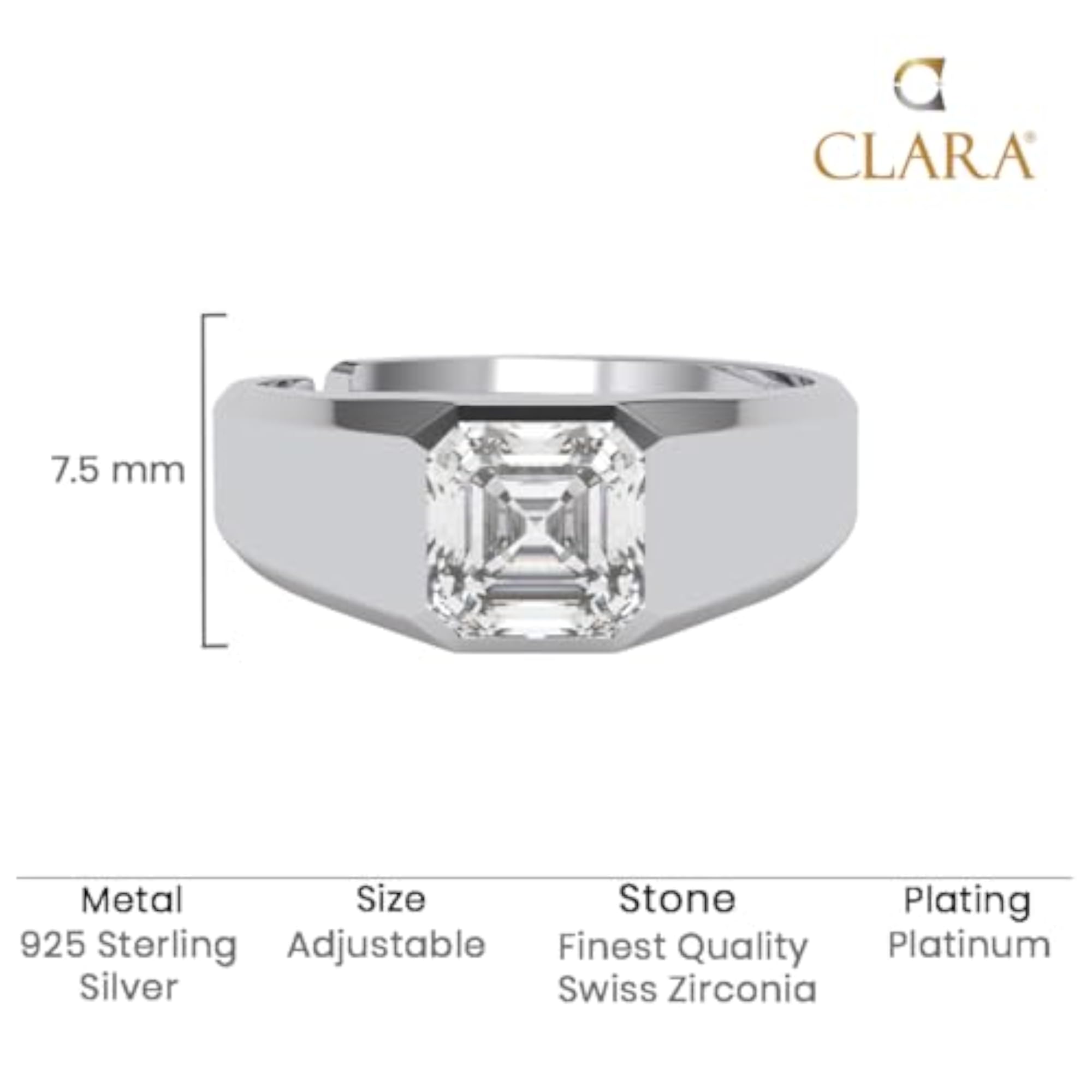 Women's 925 Sterling Silver Asscher Solitaire Ring, Size Adjustable